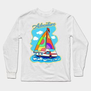 Adventure. Summer Travel in a boat with sails, Beautiful Sea, Sky, blue boat with sail illustration. Gifts for boy. Cartoon, cute ship Long Sleeve T-Shirt